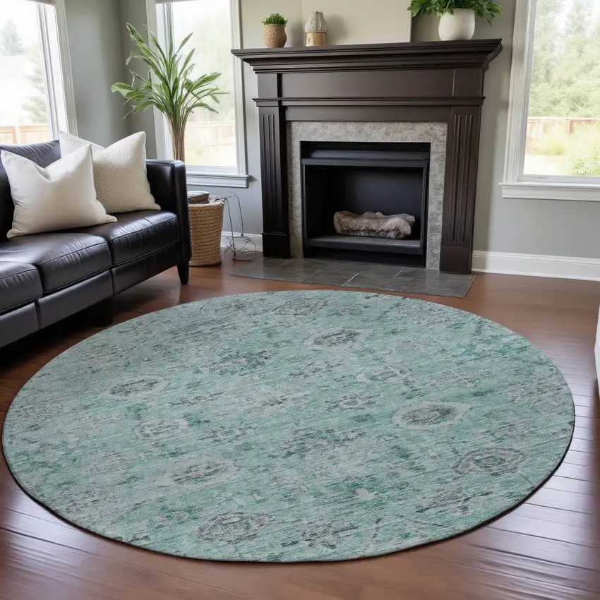 8' Teal Silver And Gray Damask Washable Round Rug With UV Protection Photo 4
