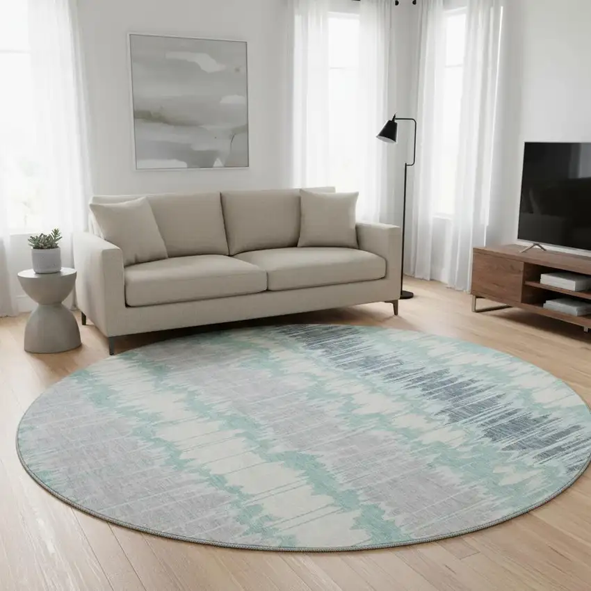 8' Teal Silver And Gray Striped Washable Round Rug With UV Protection Photo 2