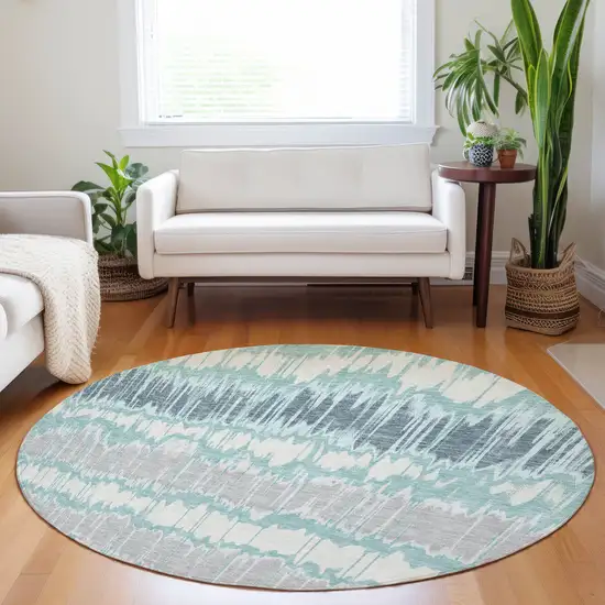 8' Teal Silver And Gray Striped Washable Round Rug With UV Protection Photo 5