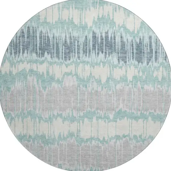 8' Teal Silver And Gray Striped Washable Round Rug With UV Protection Photo 3