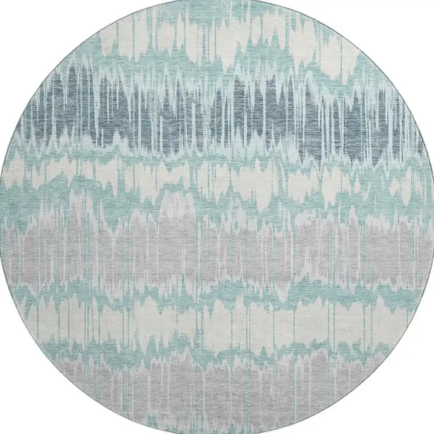 8' Teal Silver And Gray Striped Washable Round Rug With UV Protection Photo 3
