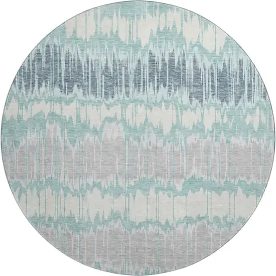 8' Teal Silver And Gray Striped Washable Round Rug With UV Protection Photo 1