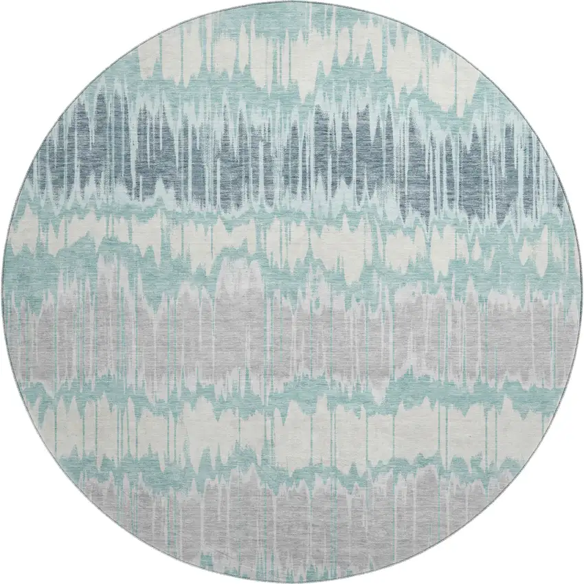 8' Teal Silver And Gray Striped Washable Round Rug With UV Protection Photo 1