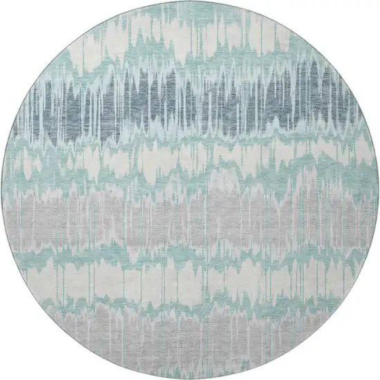 8' Teal Silver And Gray Striped Washable Round Rug With UV Protection Photo 4