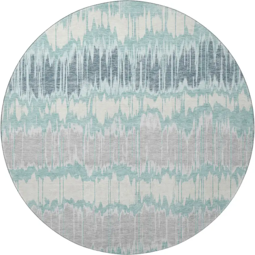 8' Teal Silver And Gray Striped Washable Round Rug With UV Protection Photo 4