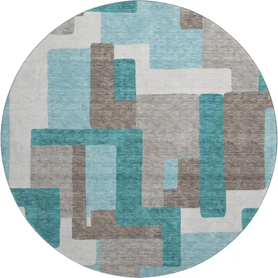 8' Teal Taupe And Beige Abstract Geometric Washable Round Rug With UV Protection Photo 1