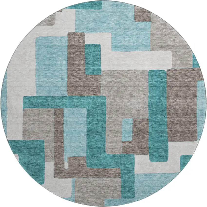 8' Teal Taupe And Beige Abstract Geometric Washable Round Rug With UV Protection Photo 1