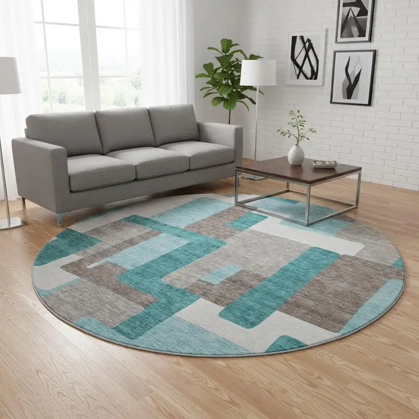 8' Teal Taupe And Beige Abstract Geometric Washable Round Rug With UV Protection Photo 2