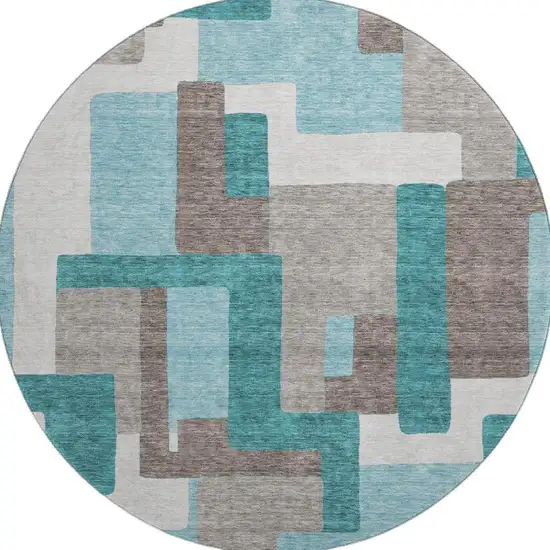 8' Teal Taupe And Beige Abstract Geometric Washable Round Rug With UV Protection Photo 4