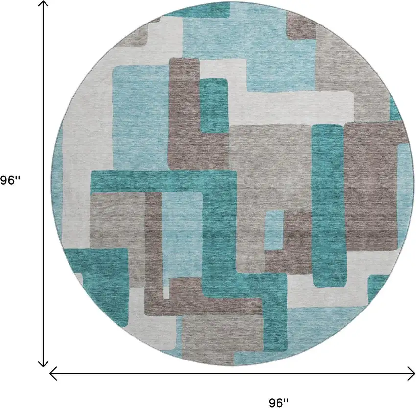 8' Teal Taupe And Beige Abstract Geometric Washable Round Rug With UV Protection Photo 3
