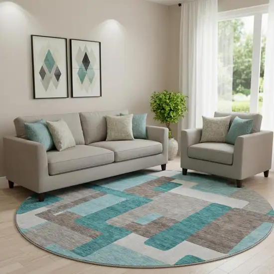 8' Teal Taupe And Beige Abstract Geometric Washable Round Rug With UV Protection Photo 1
