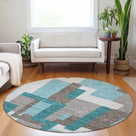 8' Teal Taupe And Beige Abstract Geometric Washable Round Rug With UV Protection Photo 5