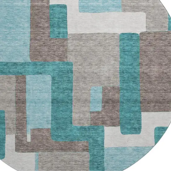8' Teal Taupe And Beige Abstract Geometric Washable Round Rug With UV Protection Photo 3