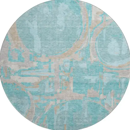 8' Teal Taupe And Beige Geometric Washable Round Rug With UV Protection Photo 4