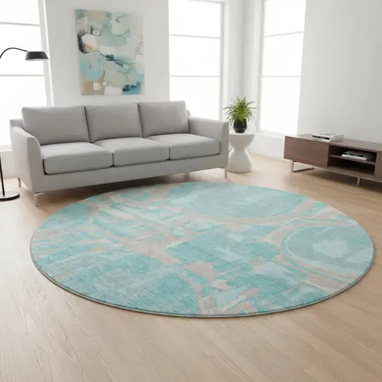 8' Teal Taupe And Beige Geometric Washable Round Rug With UV Protection Photo 2