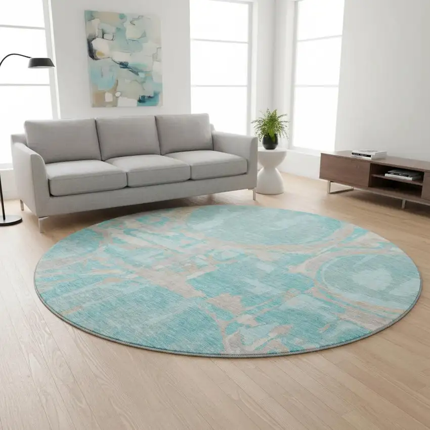 8' Teal Taupe And Beige Geometric Washable Round Rug With UV Protection Photo 2
