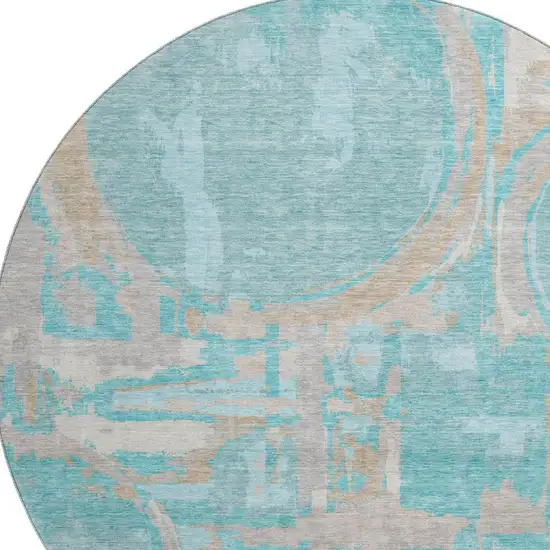 8' Teal Taupe And Beige Geometric Washable Round Rug With UV Protection Photo 3