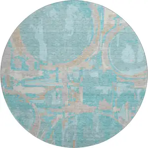 Photo of 8' Teal Taupe And Beige Geometric Washable Round Rug With UV Protection