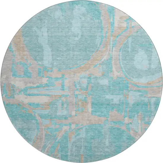 8' Teal Taupe And Beige Geometric Washable Round Rug With UV Protection Photo 1