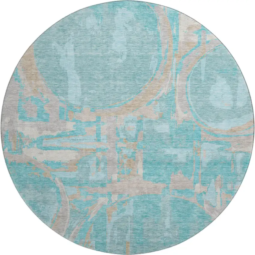 8' Teal Taupe And Beige Geometric Washable Round Rug With UV Protection Photo 1