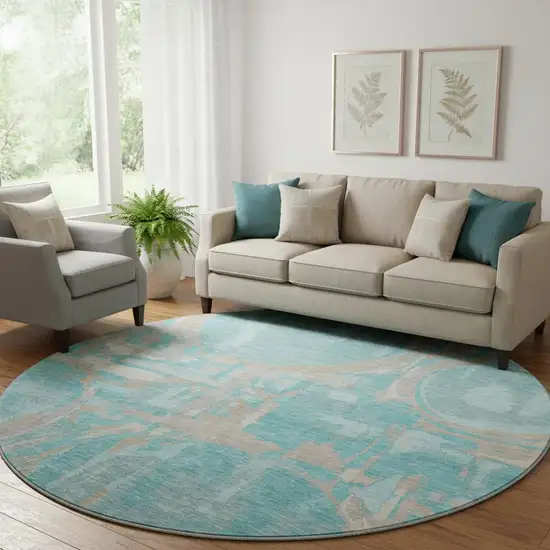 8' Teal Taupe And Beige Geometric Washable Round Rug With UV Protection Photo 1