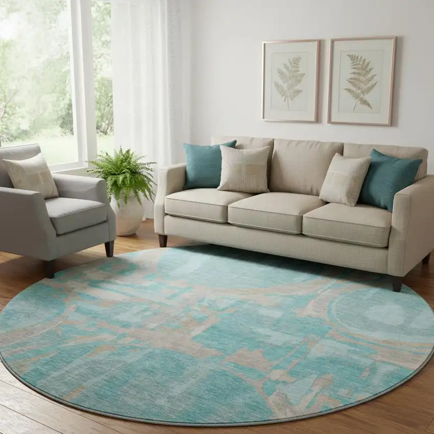 8' Teal Taupe And Beige Geometric Washable Round Rug With UV Protection Photo 1