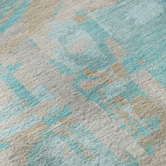 8' Teal Taupe And Beige Geometric Washable Round Rug With UV Protection Photo 9