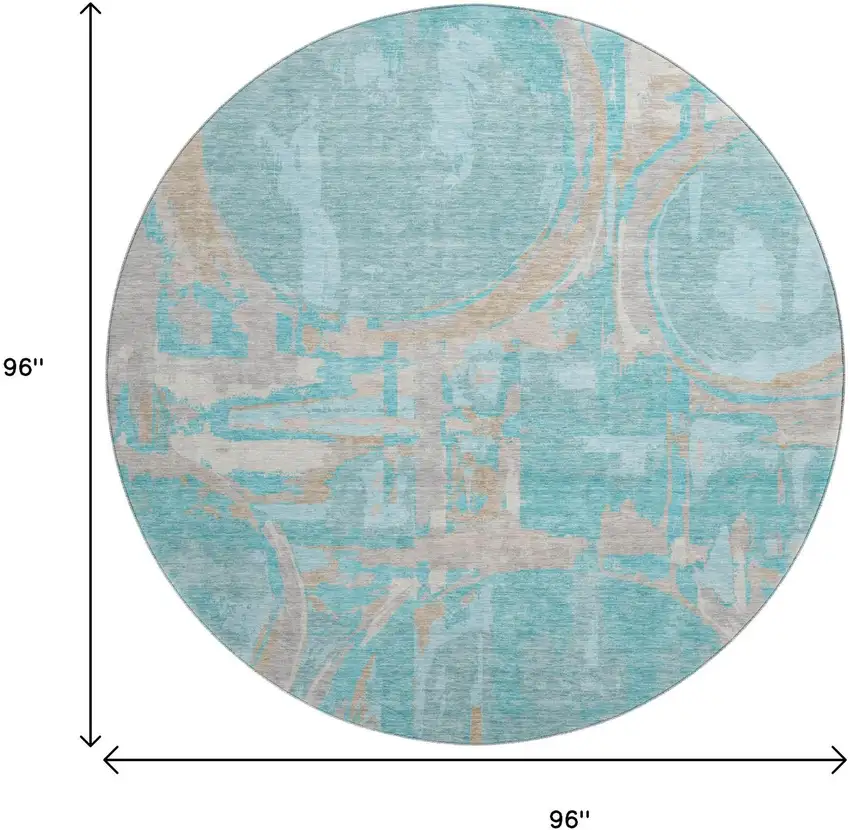 8' Teal Taupe And Beige Geometric Washable Round Rug With UV Protection Photo 8