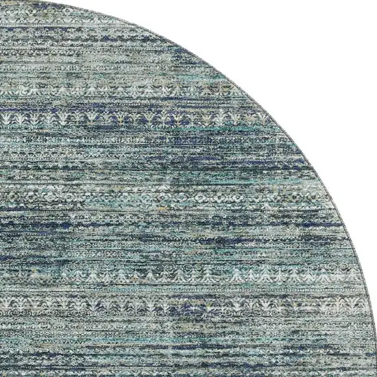 8' Teal Taupe And Beige Striped Washable Round Rug With UV Protection Photo 4