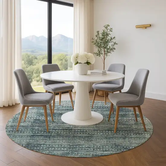 8' Teal Taupe And Beige Striped Washable Round Rug With UV Protection Photo 5
