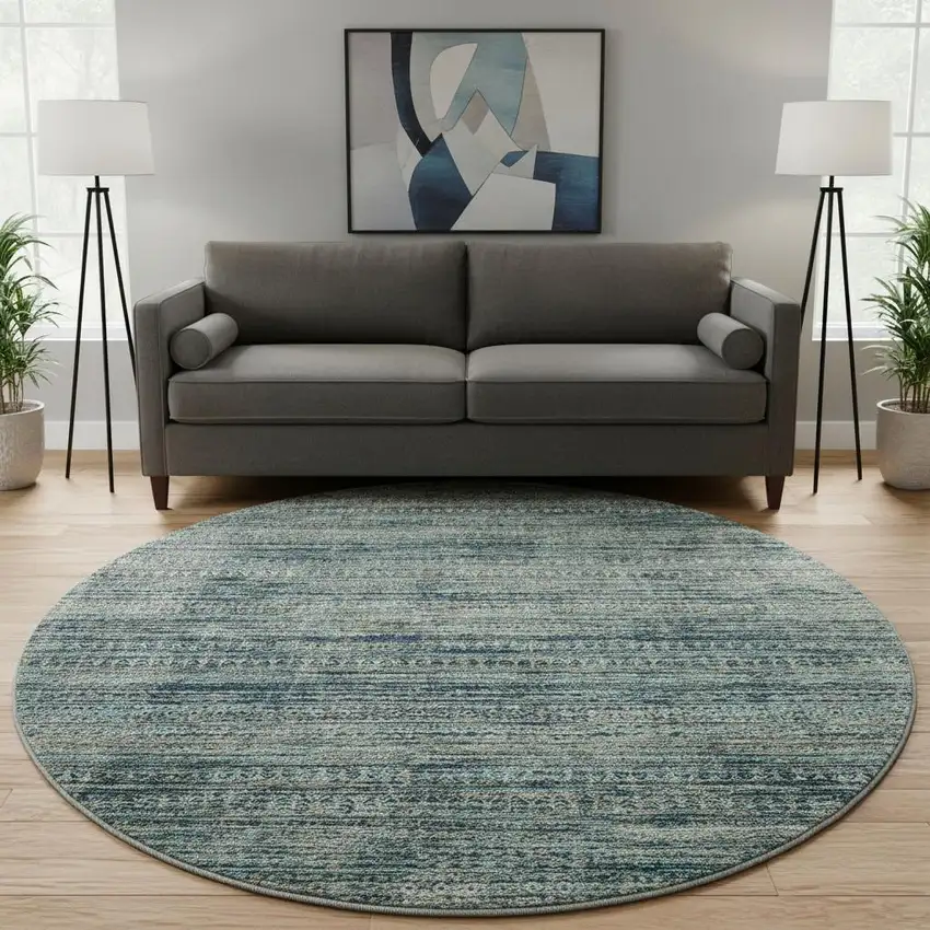 8' Teal Taupe And Beige Striped Washable Round Rug With UV Protection Photo 2