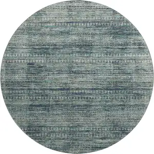 Photo of 8' Teal Taupe And Beige Striped Washable Round Rug With UV Protection