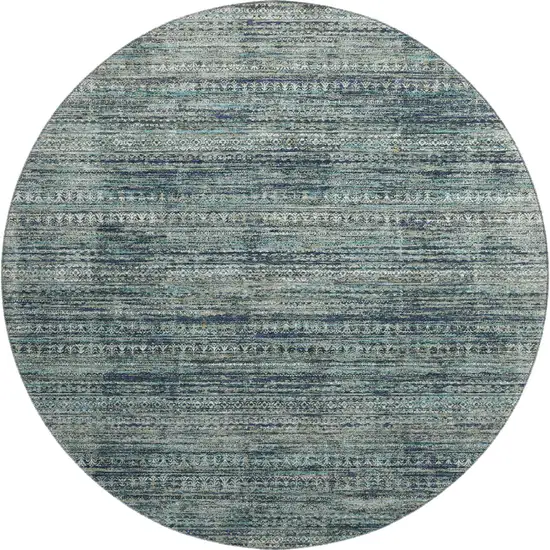 8' Teal Taupe And Beige Striped Washable Round Rug With UV Protection Photo 1