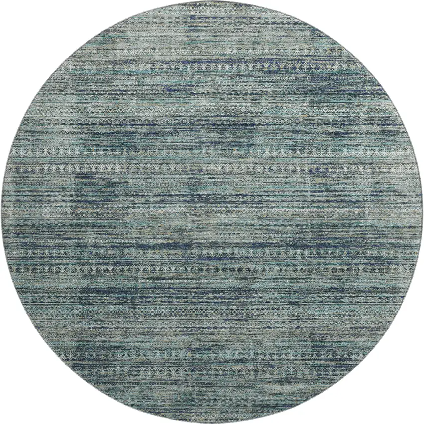 8' Teal Taupe And Beige Striped Washable Round Rug With UV Protection Photo 1