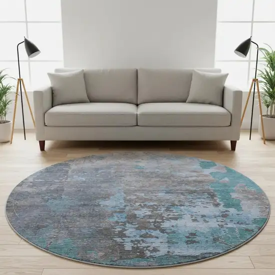 8' Teal Taupe And Blue Abstract Washable Round Rug With UV Protection Photo 2