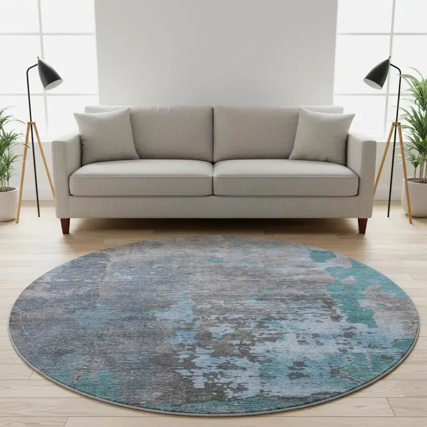 8' Teal Taupe And Blue Abstract Washable Round Rug With UV Protection Photo 2