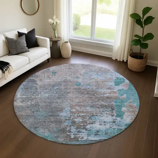 8' Teal Taupe And Blue Abstract Washable Round Rug With UV Protection Photo 4