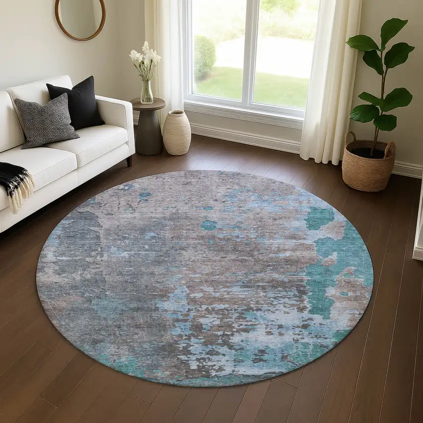 8' Teal Taupe And Blue Abstract Washable Round Rug With UV Protection Photo 4