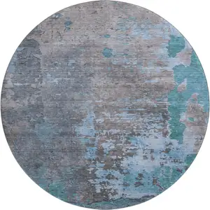 Photo of 8' Teal Taupe And Blue Abstract Washable Round Rug With UV Protection