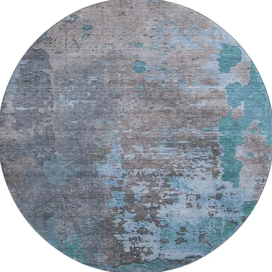 8' Teal Taupe And Blue Abstract Washable Round Rug With UV Protection Photo 3