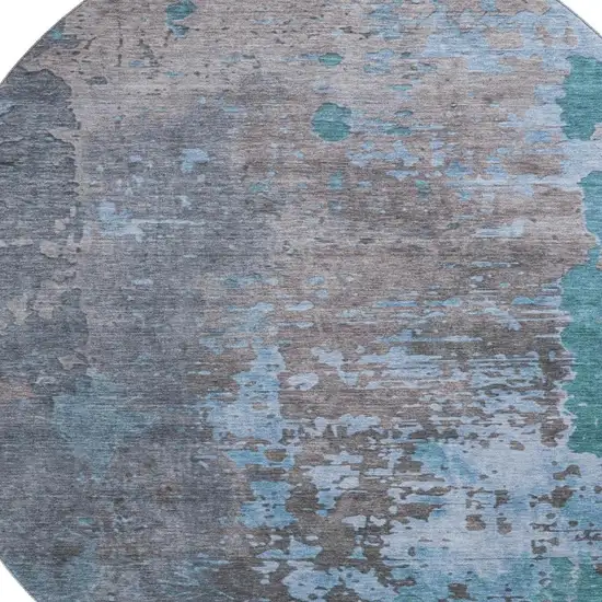 8' Teal Taupe And Blue Abstract Washable Round Rug With UV Protection Photo 2