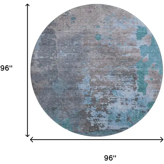 8' Teal Taupe And Blue Abstract Washable Round Rug With UV Protection Photo 9