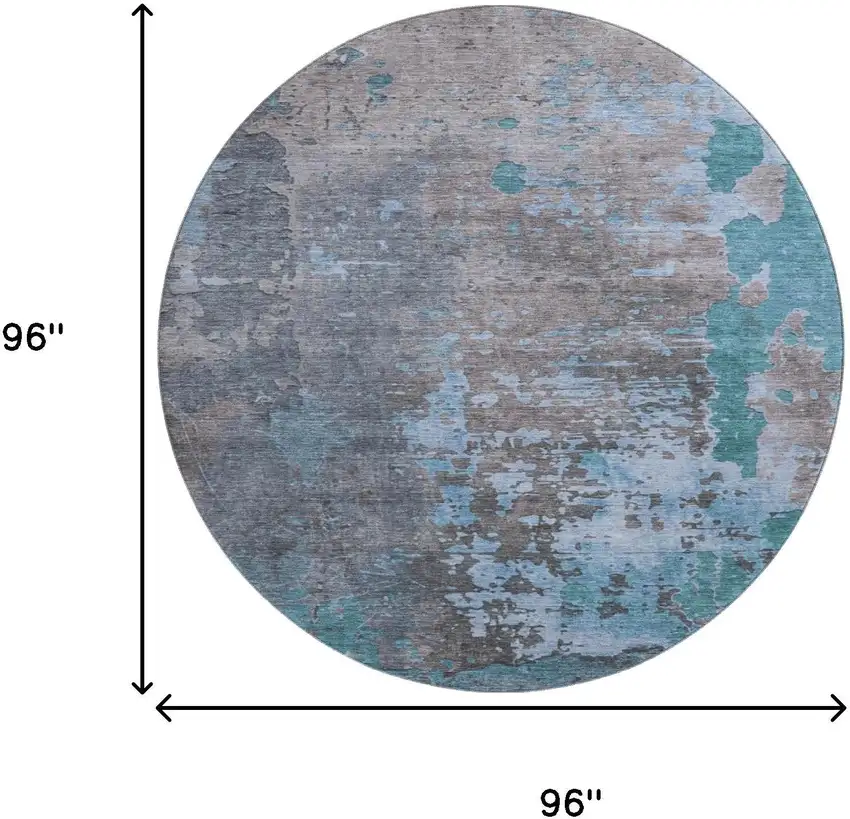 8' Teal Taupe And Blue Abstract Washable Round Rug With UV Protection Photo 9