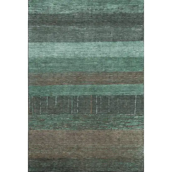8' Teal Taupe And Sage Striped Washable Area Rug With UV Protection Photo 5