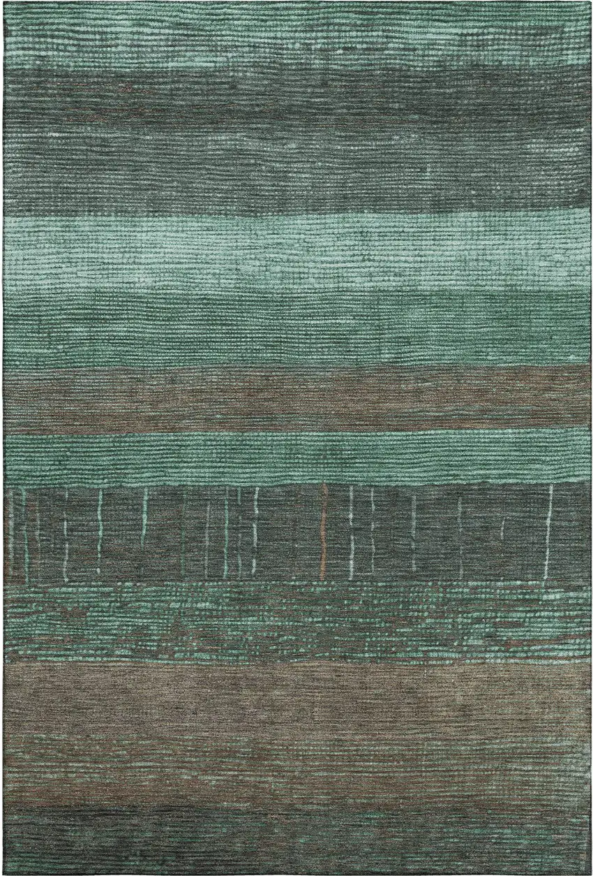 8' Teal Taupe And Sage Striped Washable Area Rug With UV Protection Photo 5