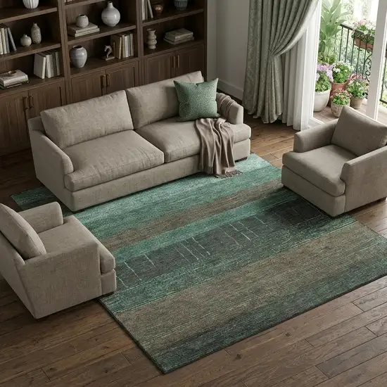 8' Teal Taupe And Sage Striped Washable Area Rug With UV Protection Photo 1