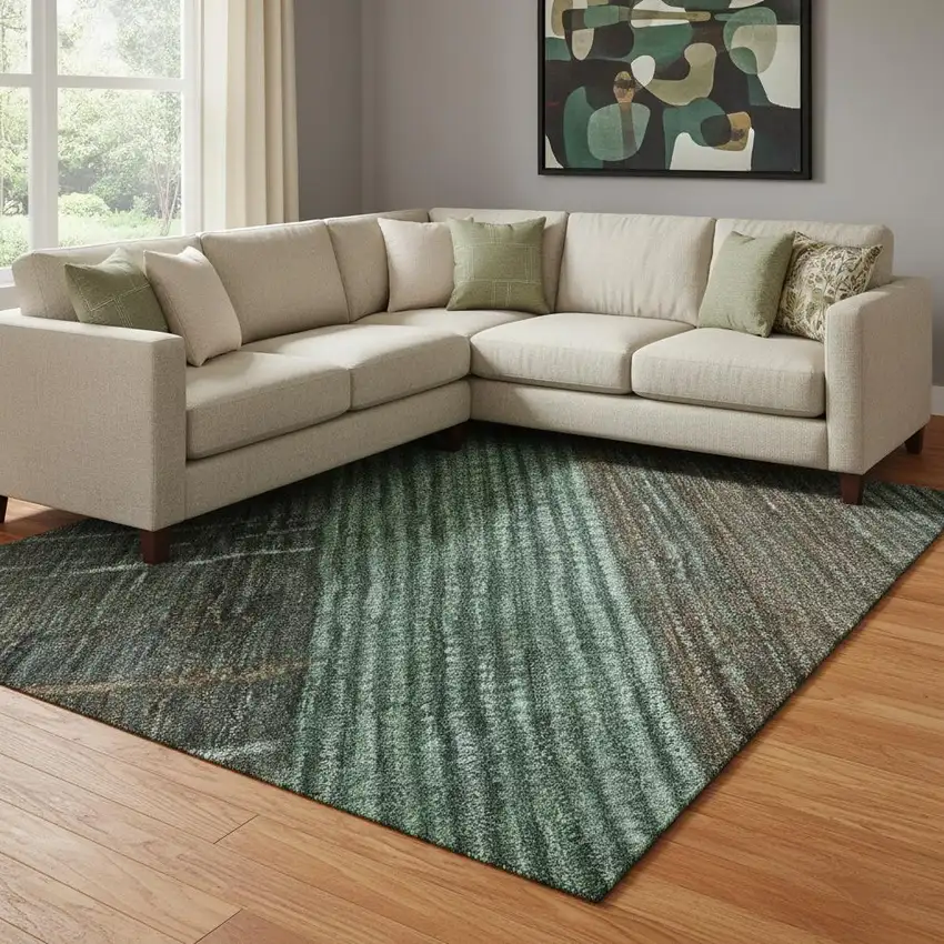 8' Teal Taupe And Sage Striped Washable Area Rug With UV Protection Photo 2