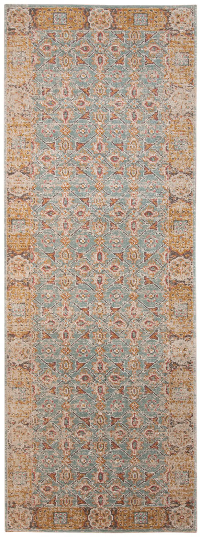 7' Teal Taupe and Rust Floral Power Loom Runner Rug Photo 2