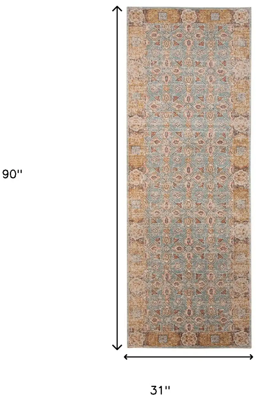 7' Teal Taupe and Rust Floral Power Loom Runner Rug Photo 3