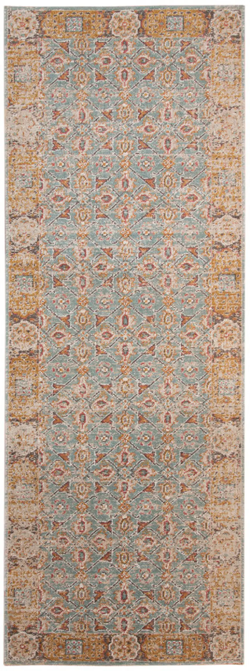 7' Teal Taupe and Rust Floral Power Loom Runner Rug Photo 6